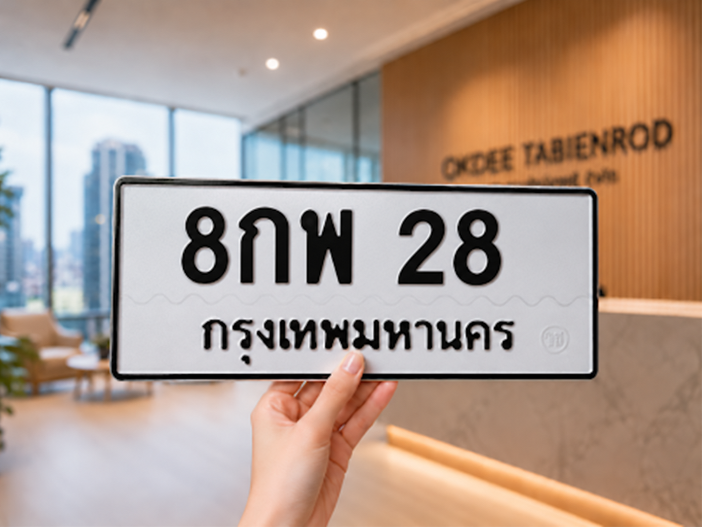 ภาพนำเสนอมือชูป้ายทะเบียน 8กพ 28 กรุงเทพมหานคร ฉากสำนักงาน OKDEE