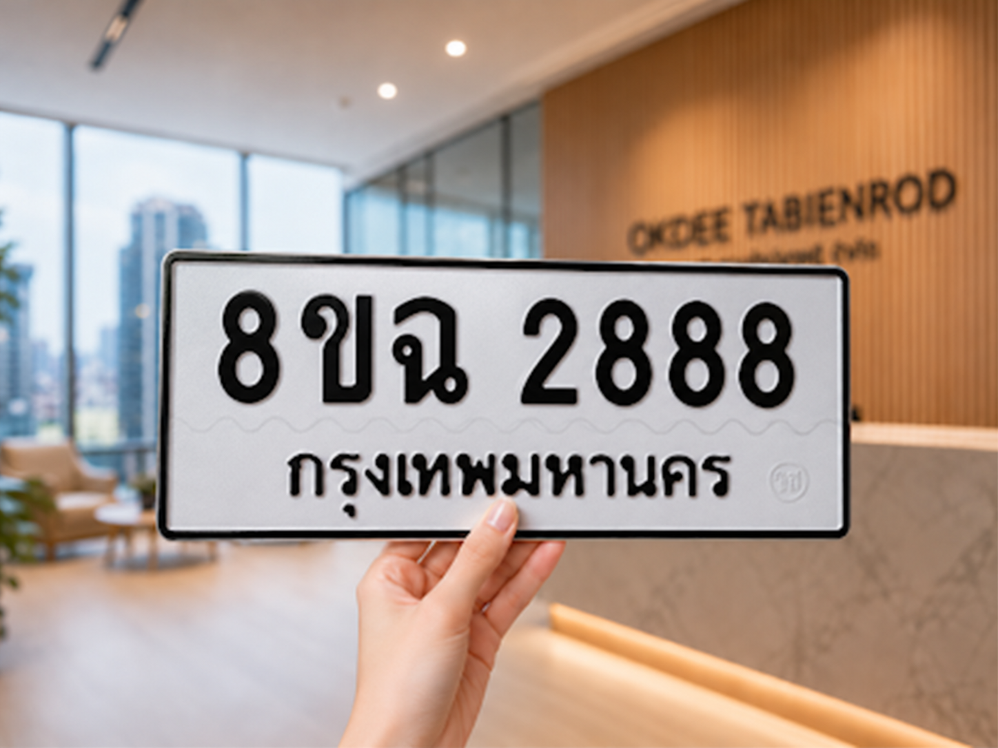 ภาพนำเสนอมือชูป้ายทะเบียน 8ขฉ 2888 กรุงเทพมหานคร ฉากสำนักงาน OKDEE